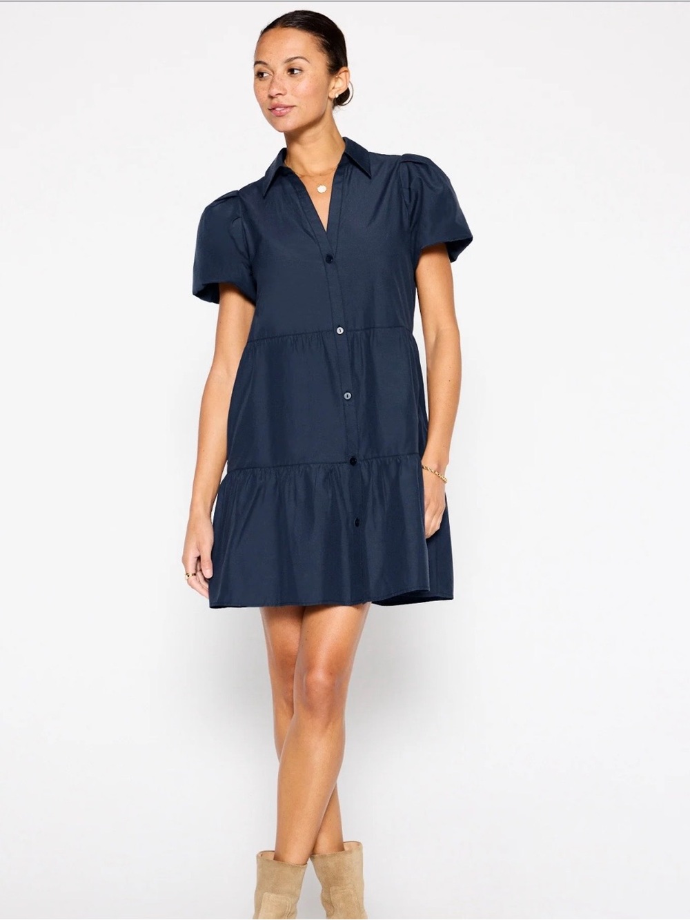 Brochu Walker Navy Puff-Sleeve Tiered Shirt Dress